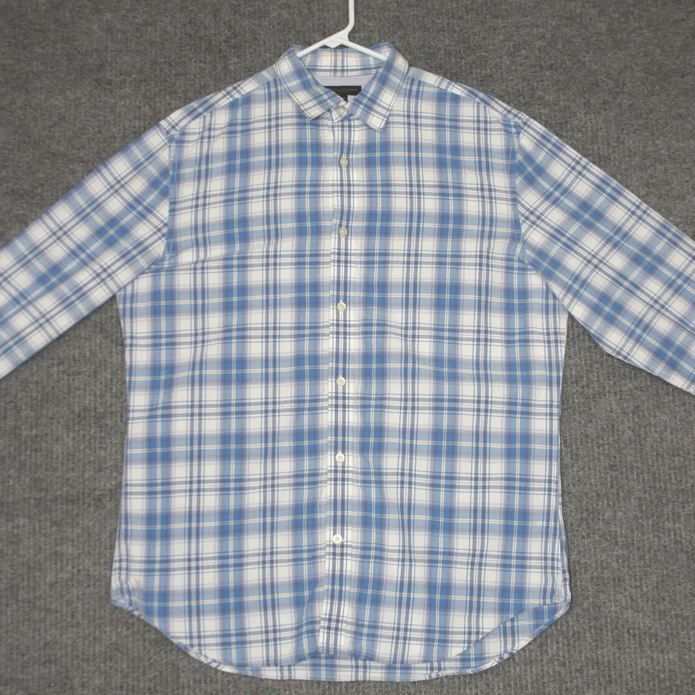 Banana Republic Button Down Shirt Mens L Size 16 Blue White‎ Soft Plaid Cotton